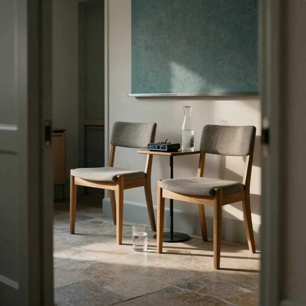 Tomt intervjurum med två stolar, vattenkaraff och filt i mjukt kvällsljus.