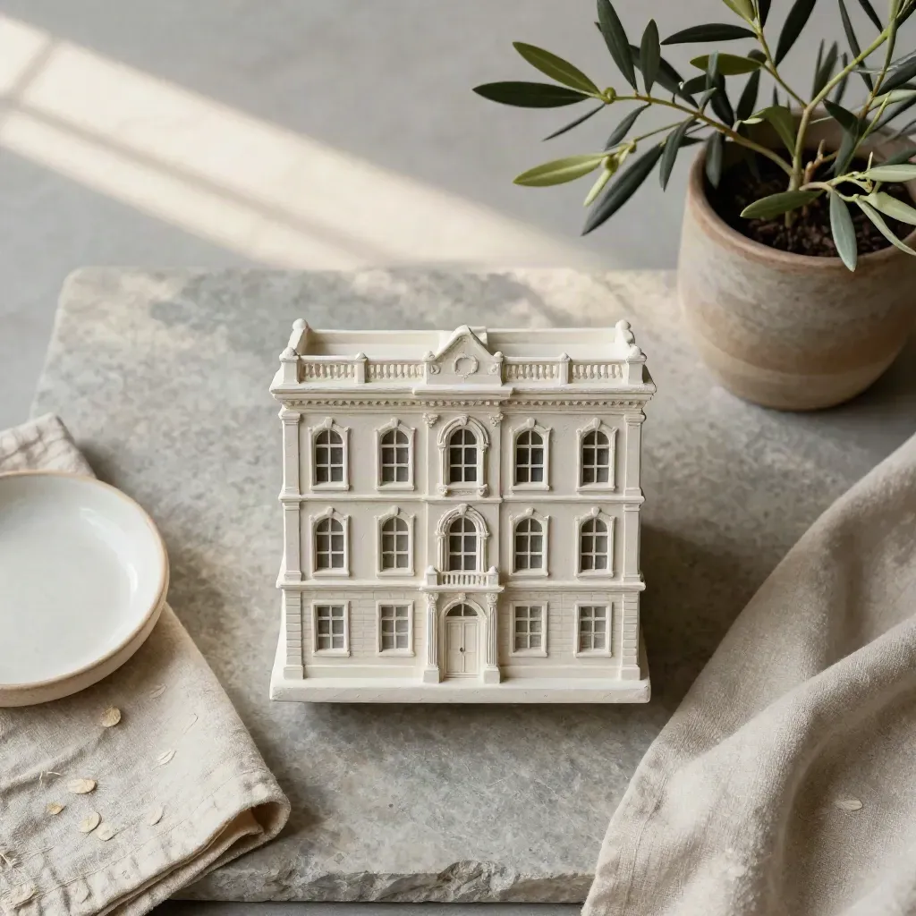 Plastermodell av stadshus med linnetyg, keramikskål och liten olivväxt på stenplatta.